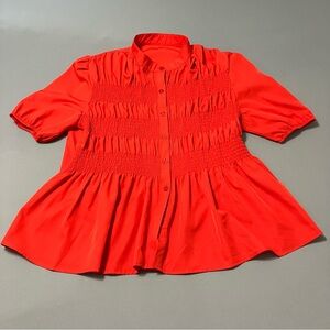 Red Smocked Top Puff Sleeve Flowy Cute Large
